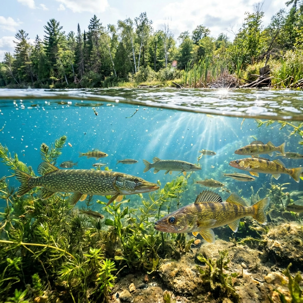 Underwater view of fish swimming amidst green aquatic plants in a clear freshwater lake